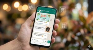 “A hand holding a smartphone displaying WhatsApp marketing messages for a discount offer, new product launch, and cart recovery, with soft bokeh background and floating marketing icons like a discount symbol, shopping cart, and ROI growth chart.