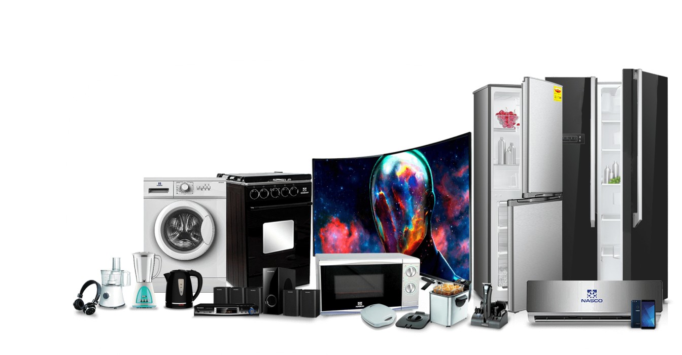 A variety of home appliances including a washing machine, gas stove, refrigerator, curved LED TV, microwave, blender, air conditioner, and kitchen gadgets arranged together on a white background.
