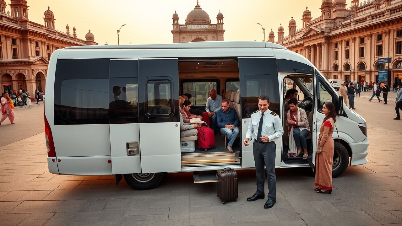 A stunning wide-angle photograph capturing the complete tempo traveller experience in Delhi - a pristine white luxury tempo traveller with tinted windows and chrome accents positioned prominently in the center, with all sliding doors open revealing plush reclining seats, individual reading lights, charging ports, and entertainment screens. A joyful extended family of 12-15 people of different ages (grandparents, parents, teenagers, and children) are actively boarding and arranging luggage in the spacious cargo area, with genuine expressions of excitement and anticipation. The professional uniformed driver stands beside the vehicle holding a clipboard, showcasing reliability and service. The setting is Delhi's Connaught Place with its iconic colonial architecture and bustling atmosphere visible in the background, along with other famous Delhi landmarks subtly placed in the distance. The foreground shows modern amenities like GPS navigation, first-aid kit, and safety equipment clearly visible. Golden hour lighting creates warm, inviting tones across the entire scene, with the tempo traveller's interior LED lights adding a premium glow. The composition includes directional arrows or subtle graphics suggesting popular destinations like Agra, Shimla, and Jaipur, making it clear this vehicle is ready for any adventure across North India.RetryClaude can make mistakes. Please double-check responses.