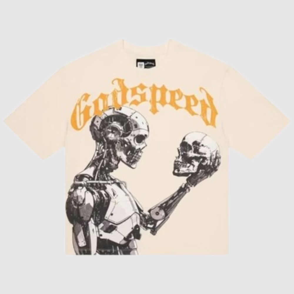 Godspeed t-shirt with robotic skeleton holding a skull, beige background, bold orange Godspeed text.