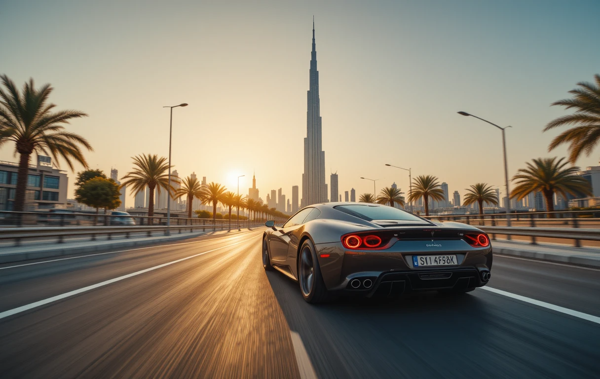 Luxury sports car from an affordable car rental Dubai service driving on a palm-lined road with the Burj Khalifa in the background at sunset.