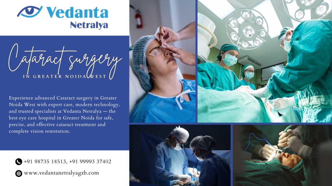 Banner image for Cataract surgery in Greater Noida West by Vedanta Netralya, showcasing surgeons performing eye surgery, advanced operating room setup, and patient care — highlighting modern technology and expert eye specialists for safe, precise cataract treatment and vision restoration.