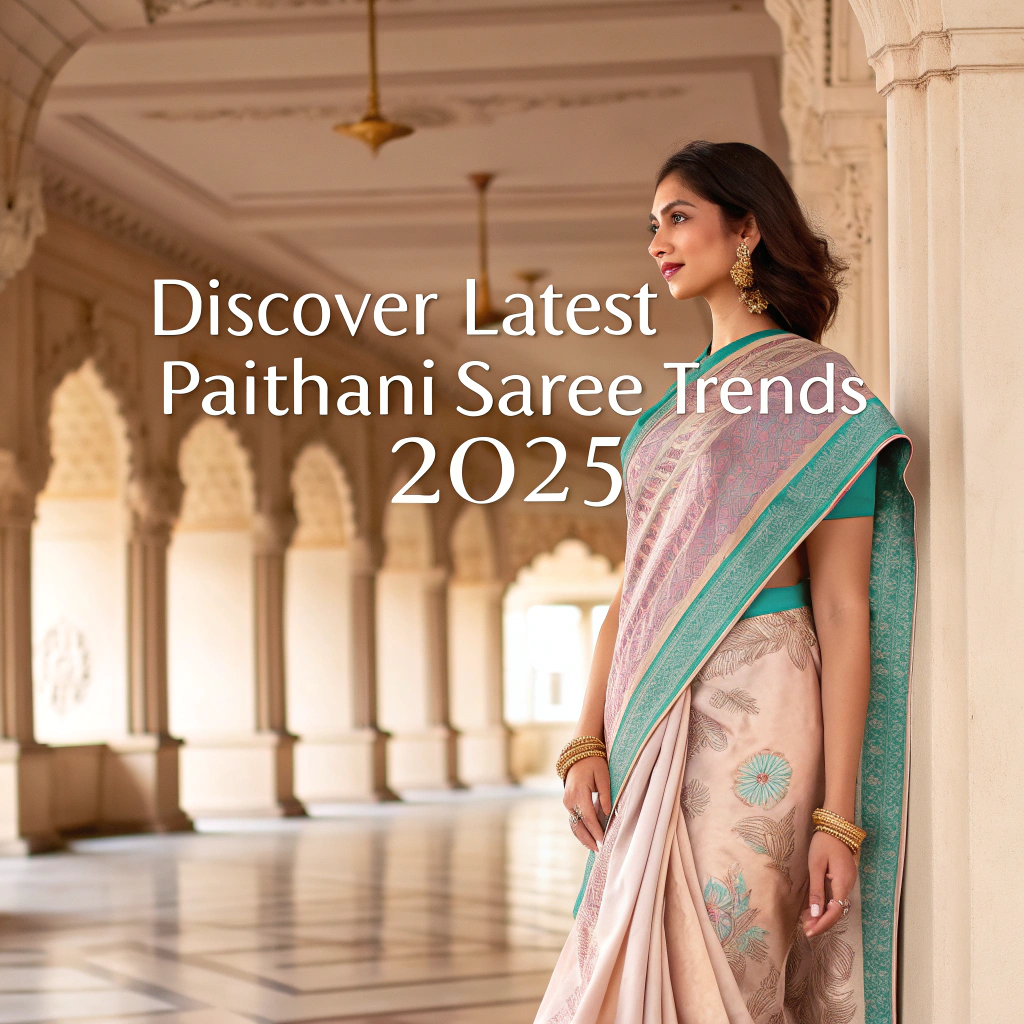 Beautiful Indian woman wearing a peach and teal Paithani saree showcasing the latest 2025 trends in front of elegant architecture.