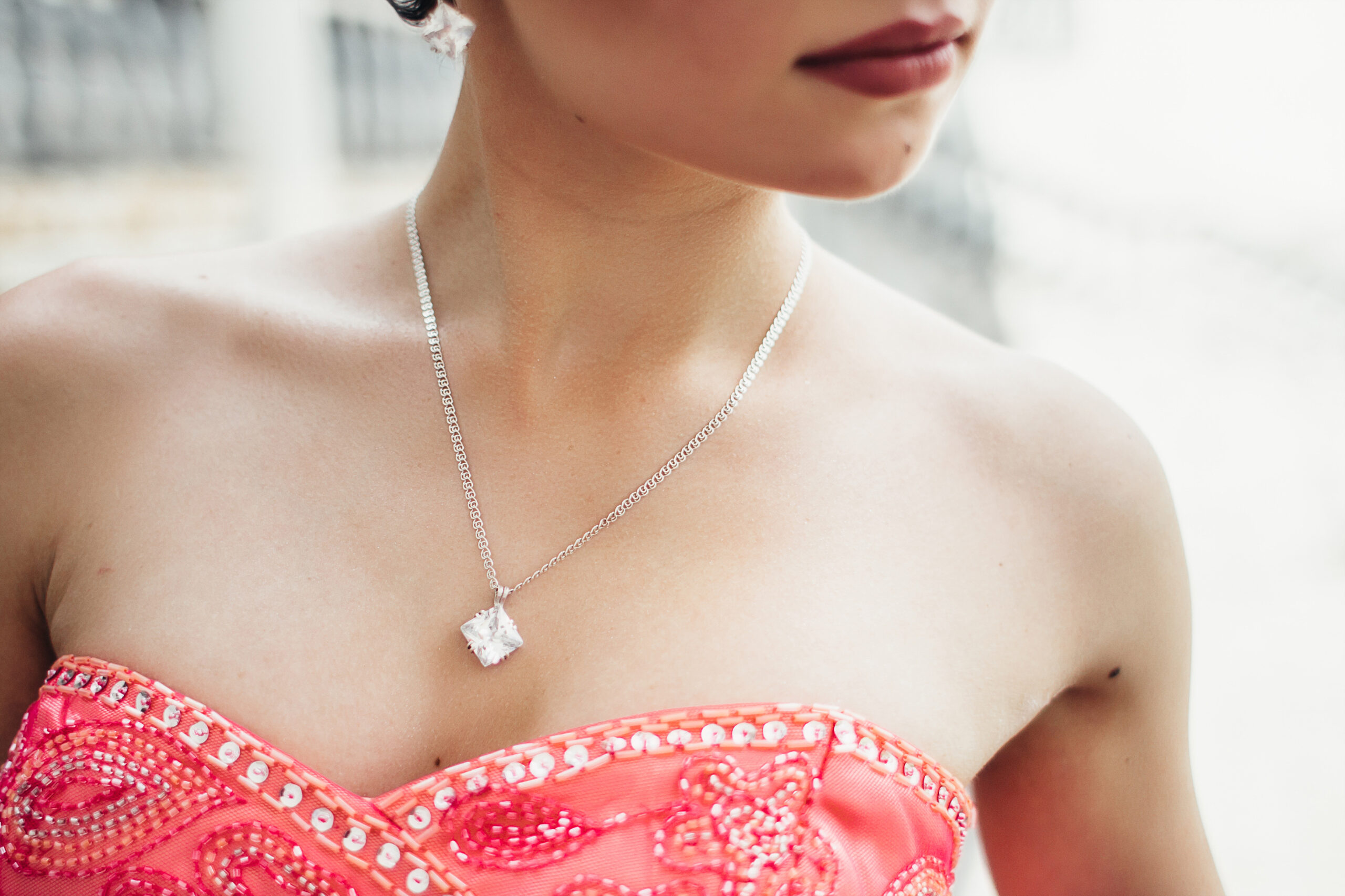 princess cut pendant wear on Strapless dress