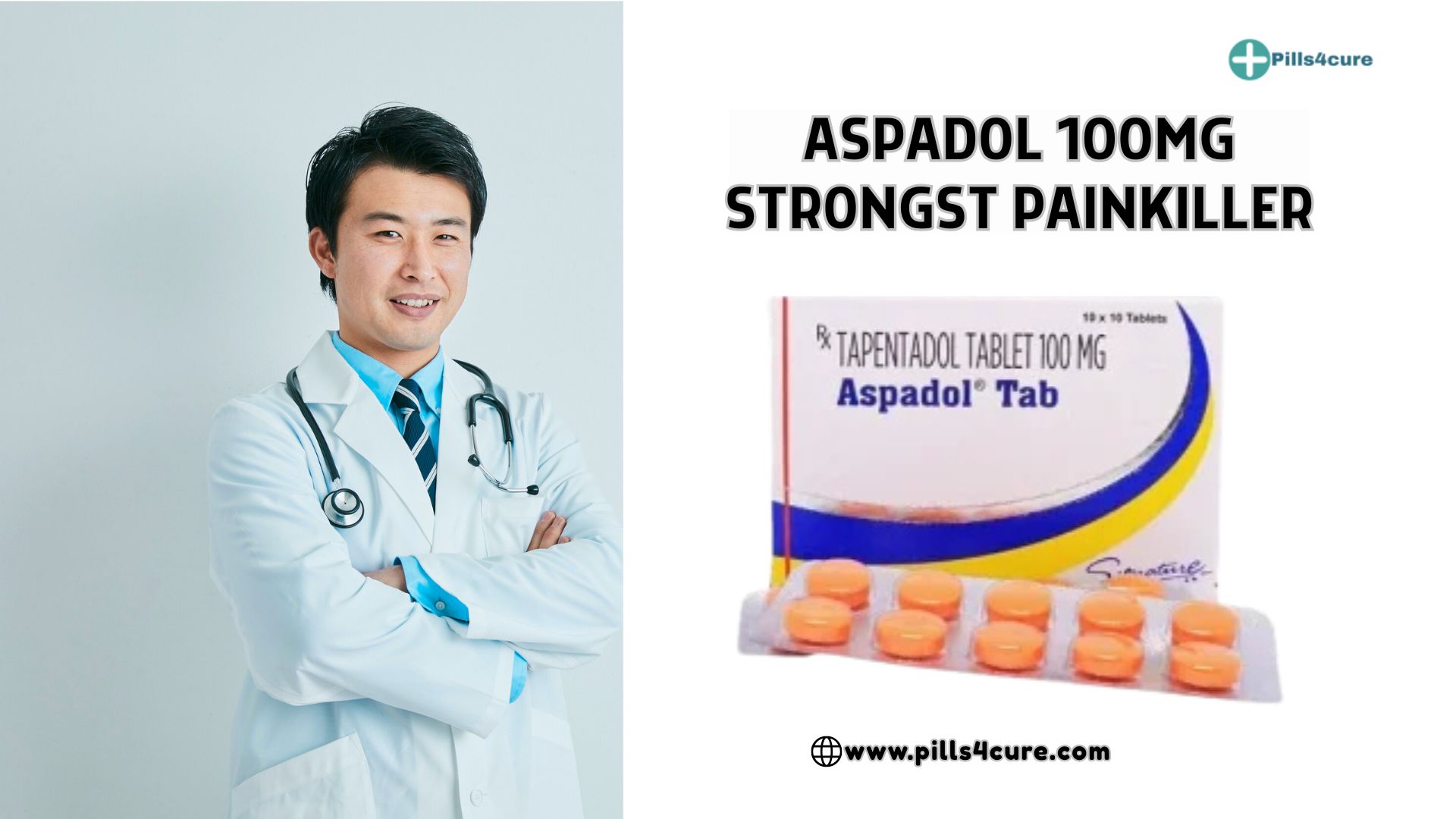 A doctor standing confidently beside Aspadol 100mg Tapentadol tablets, highlighting strong pain relief options with trusted online availability from pills4cure.