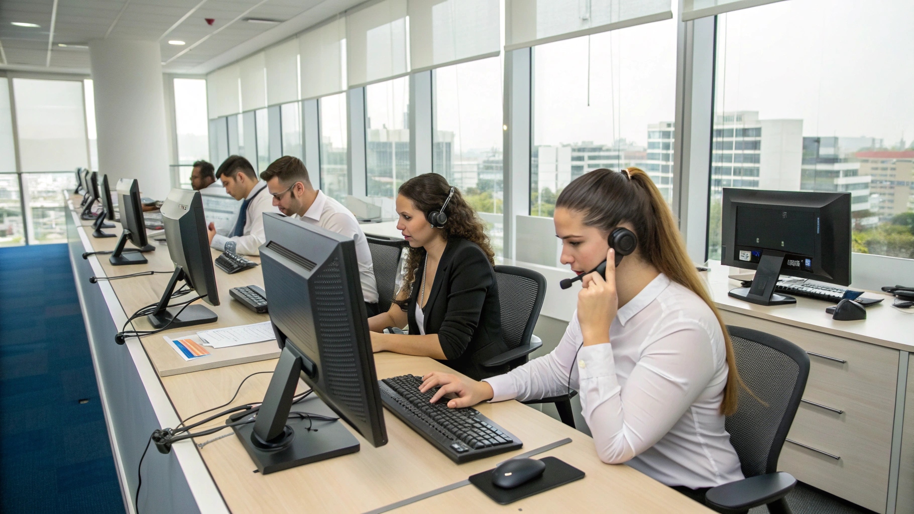Office employees wearing headsets work at desktop computers in a bright, modern workspace with large windows overlooking city buildings.