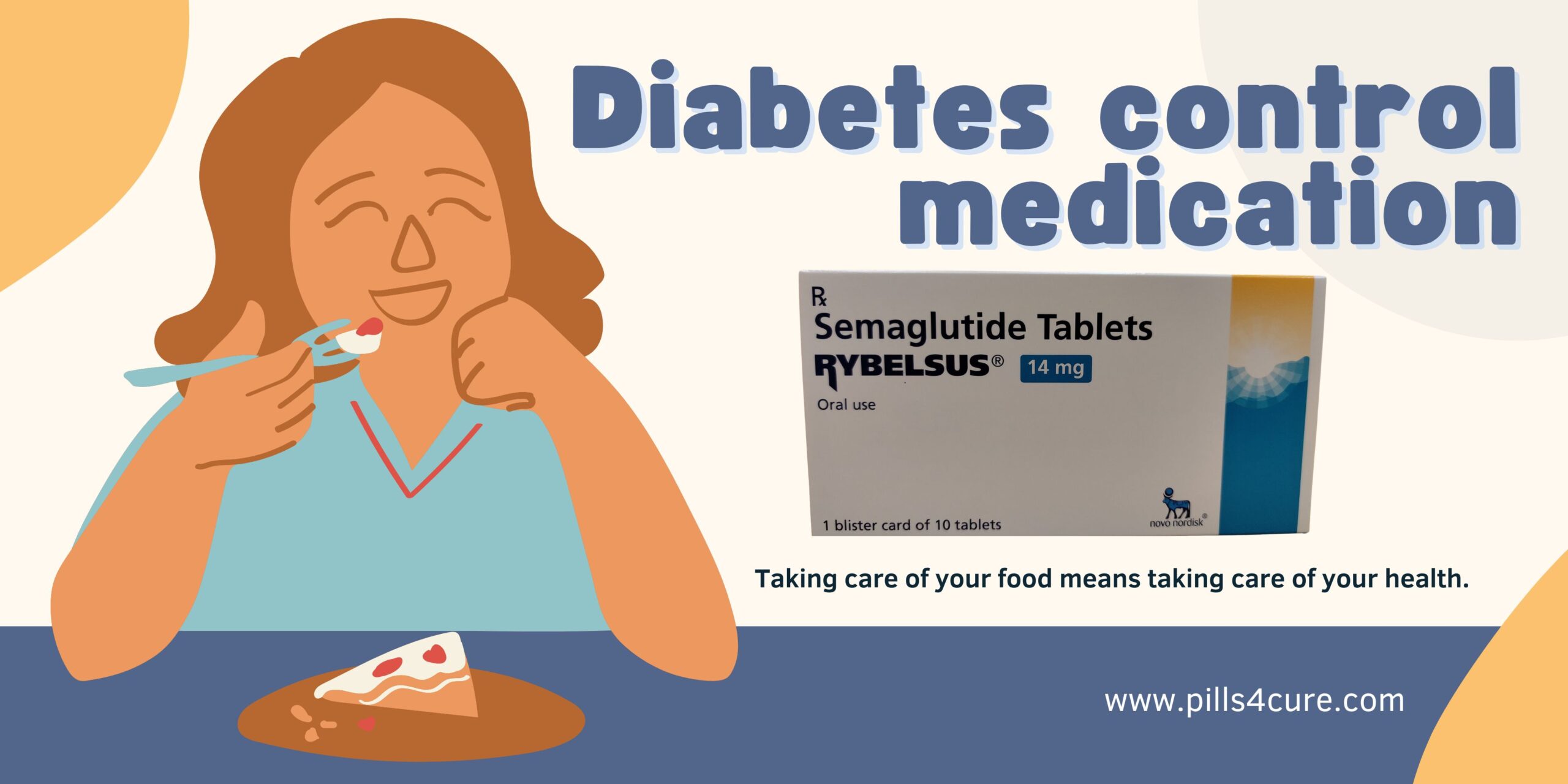 Rybelsus 14mg oral tablet for type 2 diabetes control, showing semaglutide medication box with diabetes-friendly lifestyle illustration.