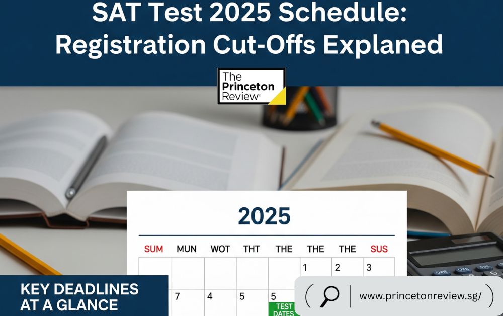 Graphic showing SAT test 2025 schedule and important registration deadlines in Singapore