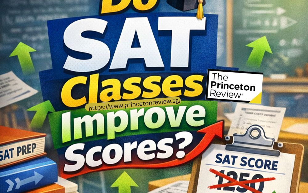 Colorful graphic asking 'Do SAT Classes Improve Scores?' with The Princeton Review logo. Features arrows, books labeled SAT prep, and a crossed-out score of 1250.