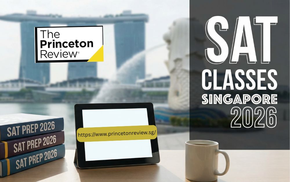 Advertisement for SAT classes in Singapore 2026 by The Princeton Review. Features books, a tablet displaying a URL, a coffee cup, and a Singapore skyline