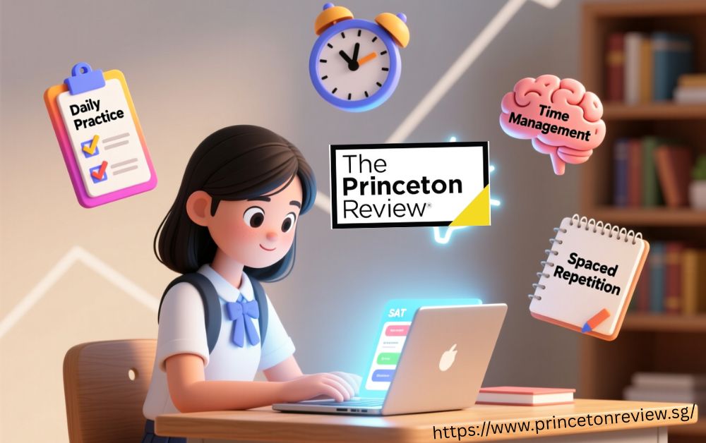 SAT test preparation setup with books, planner, and laptop on a study table.