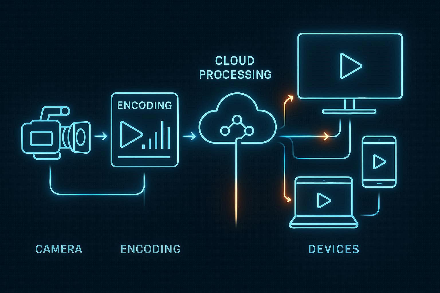Technical visualization showing live streaming provider infrastructure from capture through encoding distribution to viewer devices