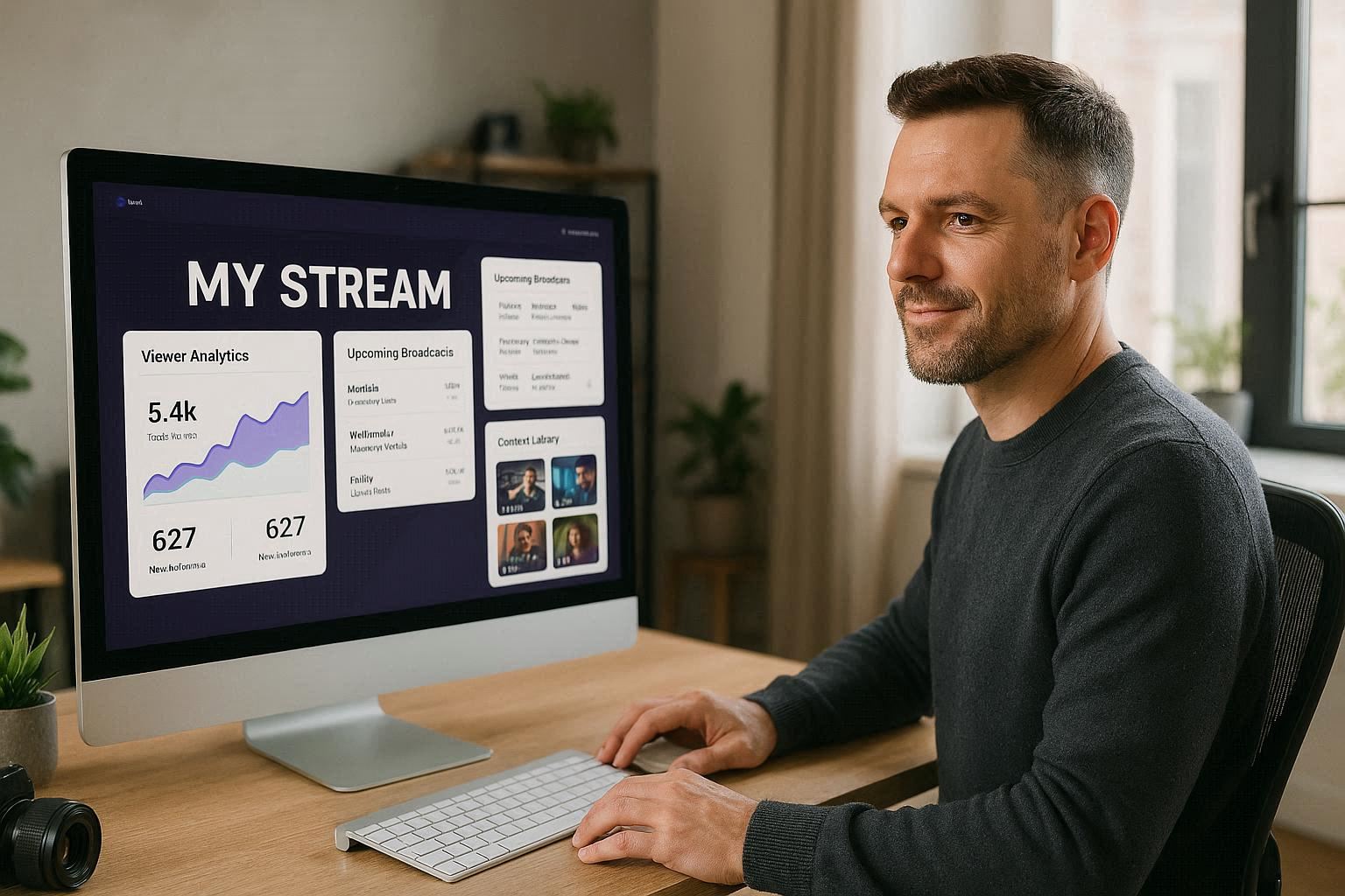 Content creator managing custom live streaming website dashboard with analytics and content library in modern home office
